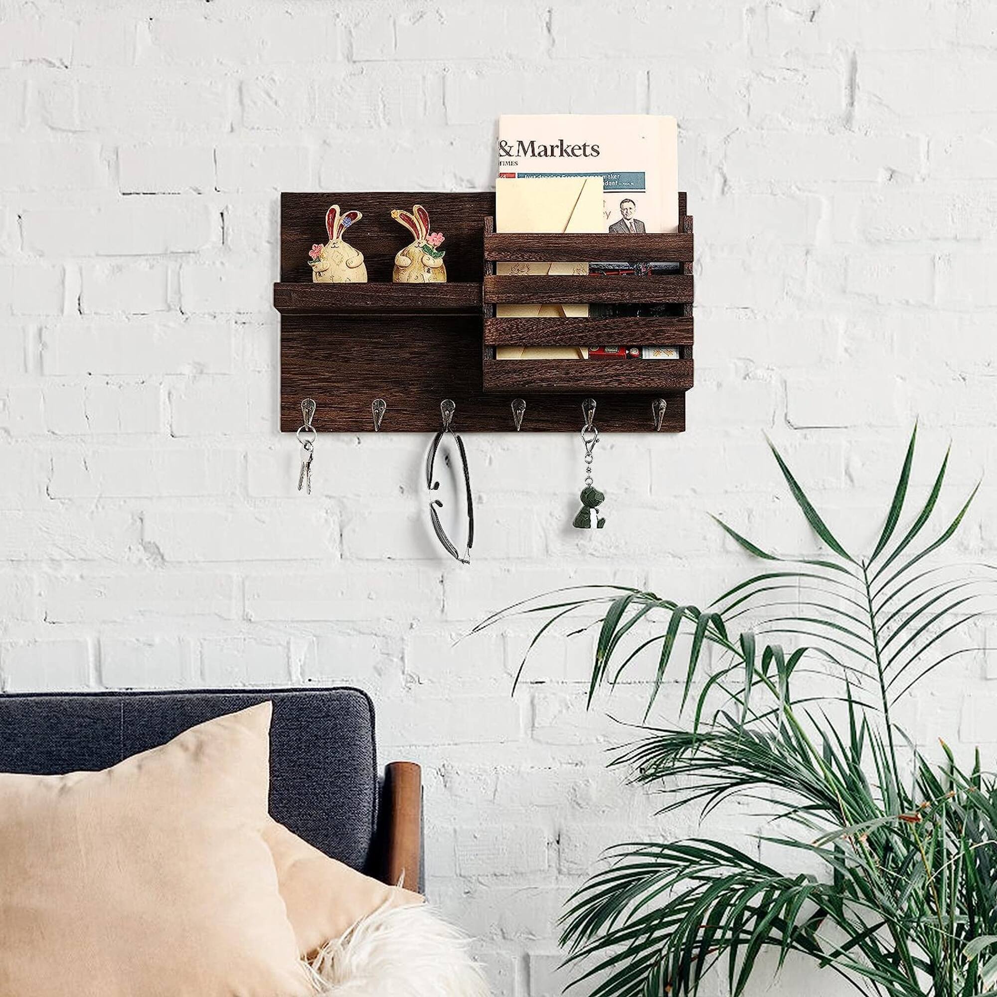 NEX™ Rustic Brown Wall-Mounted Mail Envelope Organizer with Key Hooks